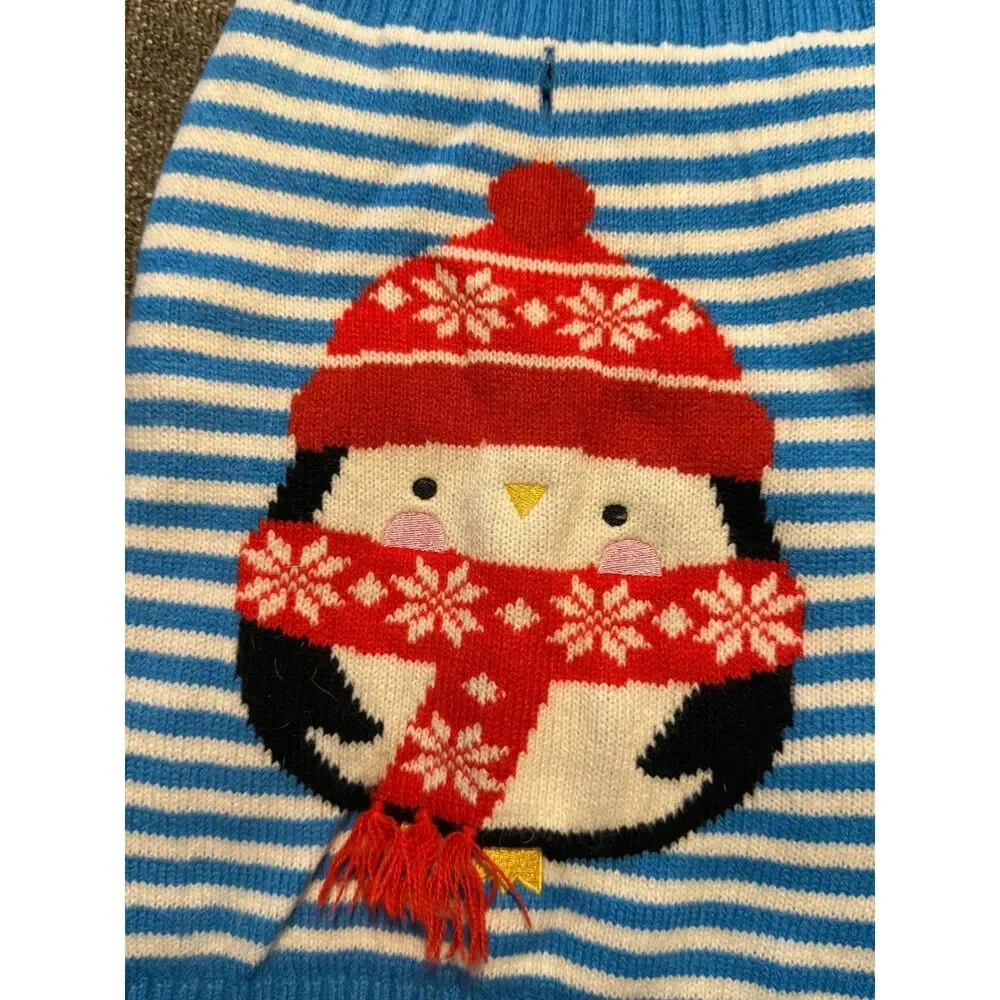 Penguin Dog Sweater Holiday Winter Blue Striped Pet Apparel Small NO FLAWS